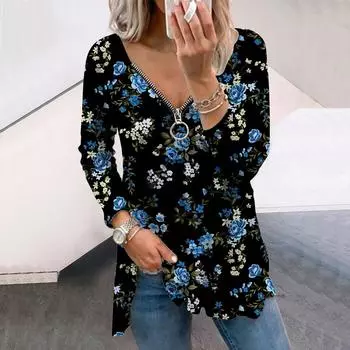 Женские осенние цветочные красные розы с длинным рукавом футболки свободные V-образный вырез плюс размер футболка топы удобная блузка XS чёрный