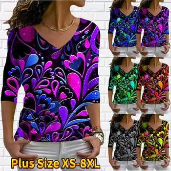 Женские осенние цветочные красочные футболки с длинными рукавами с принтом цветов и растений, свободные футболки с v-образным вырезом размера плюс, топы, удобная блузка M зелёный