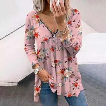 Женские осенние цветочные розовые пионы с длинным рукавом футболки свободные V-образным вырезом больших размеров футболки топы удобные блузки 4XL белый