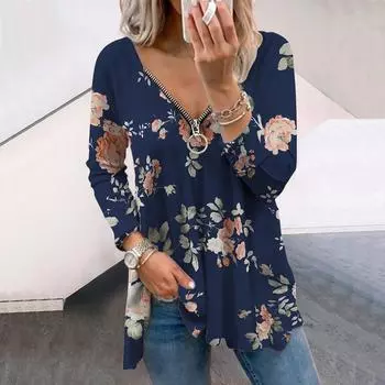 Женские осенние цветочные синие красивые розовые футболки с длинным рукавом, свободные футболки с V-образным вырезом больших размеров, удобные блузки XS розовый