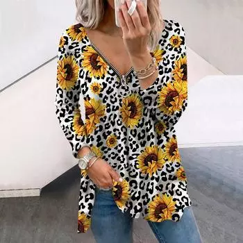 Женские осенние цветочные желтые хризантемы с длинным рукавом футболки свободные V-образным вырезом больших размеров футболки топы удобные блузки XS белый