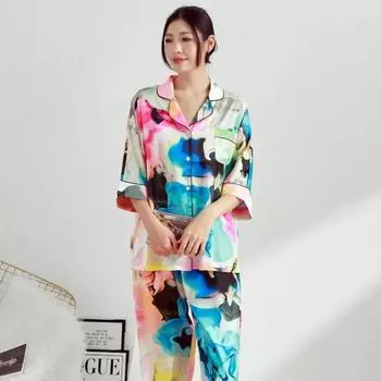 Женские осенние длинные брюки со средней длиной рукава и красочной пижамой с принтом, которые можно носить как верхнюю одежду дома M