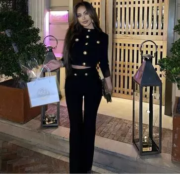 Женские осенние длинные рукава с золотыми пуговицами, эластичные черные длинные брюки, повседневные праздничные модные комплекты XL чёрный