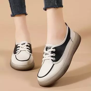 Женские осенние дышащие белые туфли на низком каблуке 35 чёрный/бежевый