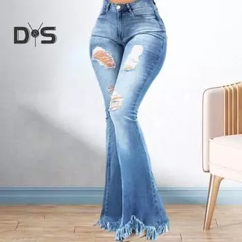 Женские осенние джинсовые расклешенные брюки с высокой талией на молнии и пуговицах с рваными отверстиями, дизайн с кисточками на манжетах, карманы, джинсы полной длины L темно-серого