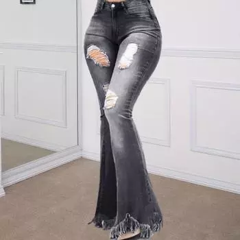 Женские осенние джинсовые расклешенные брюки с высокой талией на молнии и пуговицах с рваными отверстиями, дизайн с кисточками на манжетах, карманы, джинсы полной длины L темно-серого