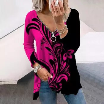 Женские осенние европейские классические футболки с длинным рукавом с принтом, свободные футболки с V-образным вырезом больших размеров, удобные блузки XS белый