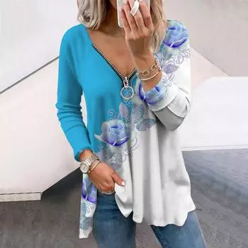 Женские осенние футболки с длинным рукавом и цветочным принтом в виде жемчуга и розы, свободные футболки больших размеров с V-образным вырезом, удобные блузки XS белый