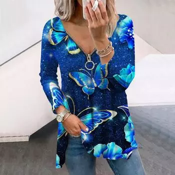 Женские осенние футболки с длинным рукавом и принтом в виде 3D-бабочки и цветка, свободные футболки больших размеров с V-образным вырезом, удобные блузки XS розовый
