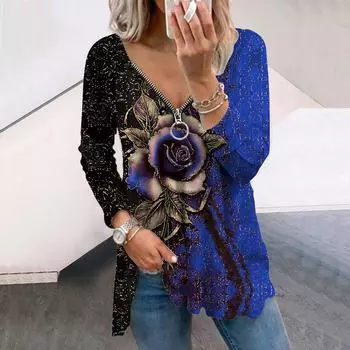 Женские осенние футболки с длинным рукавом и принтом золотистых роз, свободные футболки с V-образным вырезом больших размеров, удобные блузки XS фиолетовый