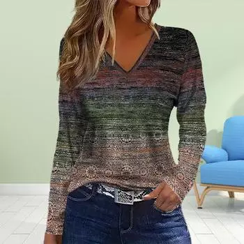 Женские осенние футболки с длинным рукавом и цветным принтом, свободные футболки больших размеров с V-образным вырезом, удобные блузки XS коричневый