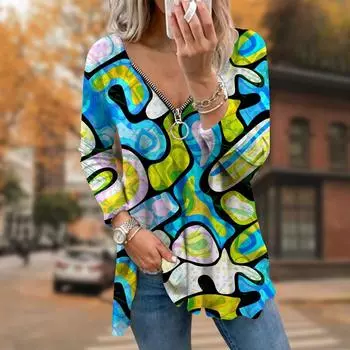 Женские осенние футболки с длинным рукавом и принтом граффити, свободные футболки больших размеров с V-образным вырезом, удобные блузки XS розовый