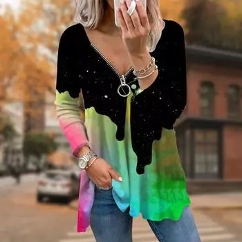 Женские осенние футболки с длинным рукавом и пигментным принтом, свободные футболки с V-образным вырезом больших размеров, удобные блузки XS розовый