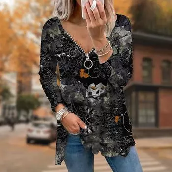 Женские осенние футболки с длинным рукавом и принтом «Красавица-скелет», свободные футболки больших размеров с V-образным вырезом, удобные блузки XS розовый