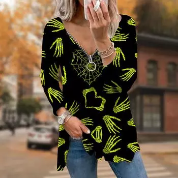 Женские осенние футболки с длинным рукавом и принтом скелета, свободные футболки больших размеров с V-образным вырезом, удобные блузки XS розовый