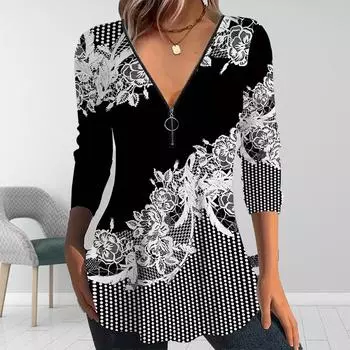Женские осенние футболки с длинным рукавом и сложным цветочным принтом, свободные футболки больших размеров с V-образным вырезом, удобные блузки XS чёрный