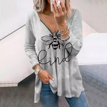 Женские осенние футболки с длинным рукавом и принтом в виде пчел, свободные футболки с V-образным вырезом больших размеров, удобные блузки XS зелёный