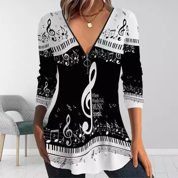 Женские осенние футболки с длинным рукавом и нотным принтом, свободные футболки больших размеров с V-образным вырезом, удобные блузки XS чёрный