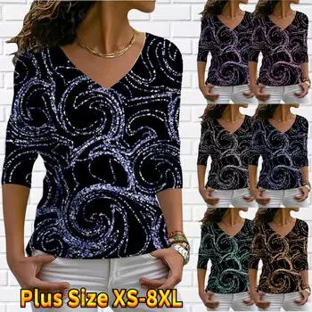 Женские осенние футболки с длинным рукавом с цветочным принтом синего цвета сверкающей воды и волнами, свободные футболки с v-образным вырезом размера плюс, топы, удобная блузка XS фиолетовый