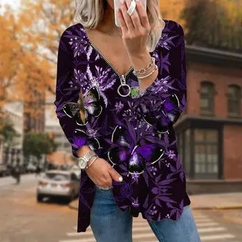 Женские осенние футболки с длинным рукавом с принтом бабочек, свободные футболки больших размеров с V-образным вырезом, удобные блузки XS розовый