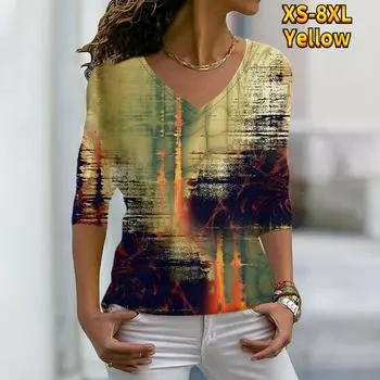 Женские осенние футболки с длинными рукавами и цветочным принтом в красочные крапинки, свободные футболки с v-образным вырезом размера плюс, топы, удобная блузка XS жёлтый