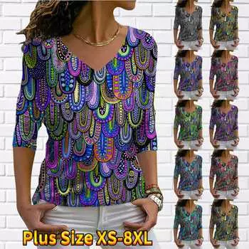 Женские осенние футболки с длинными рукавами и цветочным принтом в виде лепестков, свободные футболки с v-образным вырезом размера плюс, топы, удобная блузка 7XL чёрный