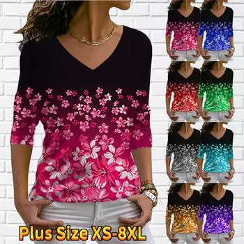 Женские осенние футболки с длинными рукавами и цветочным принтом розовых фрагментированных цветов, свободные футболки с v-образным вырезом размера плюс, топы, удобная блузка XS розовый