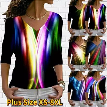 Женские осенние футболки с длинными рукавами и цветочным градиентом, привлекательные футболки с лучевым принтом, свободные футболки с v-образным вырезом размера плюс, топы, удобная блузка XS жёлтый