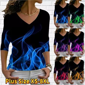 Женские осенние футболки с длинными рукавами и цветочным принтом «Сила огня», свободные футболки с v-образным вырезом размера плюс, удобная блузка XS синий