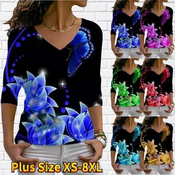 Женские осенние футболки с длинными рукавами и цветочным принтом синего лотоса, свободные футболки с v-образным вырезом, большие размеры, топы, удобная блузка XS синий