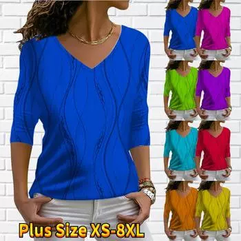 Женские осенние футболки с длинными рукавами и цветочным принтом гриппа, свободные футболки с v-образным вырезом, большие размеры, топы, удобная блузка XS синий