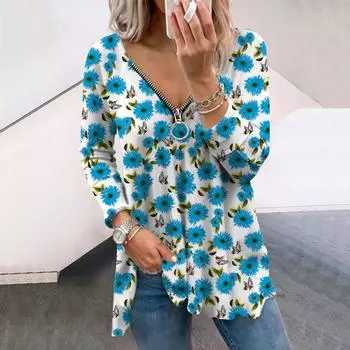 Женские осенние футболки с длинными рукавами и цветочным принтом синих цветов, свободные футболки с v-образным вырезом, большие размеры, топы, удобная блузка XS розовый