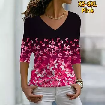 Женские осенние футболки с длинными рукавами и цветочным принтом розовых фрагментированных цветов, свободные футболки с v-образным вырезом размера плюс, топы, удобная блузка XL розовый
