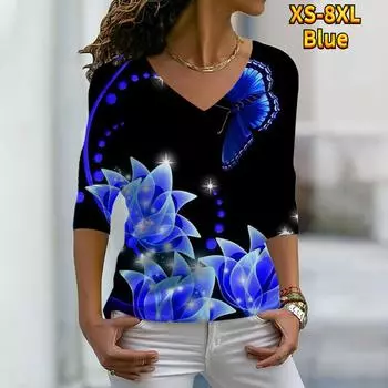 Женские осенние футболки с длинными рукавами и цветочным принтом синего лотоса, свободные футболки с v-образным вырезом, большие размеры, топы, удобная блузка XL зелёный