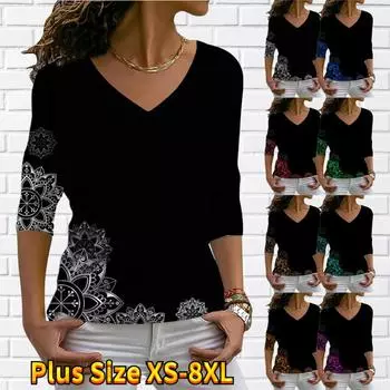 Женские осенние футболки с длинными рукавами с цветочным симметричным принтом подсолнечника, свободные футболки с v-образным вырезом размера плюс, топы, удобная блузка XS белый