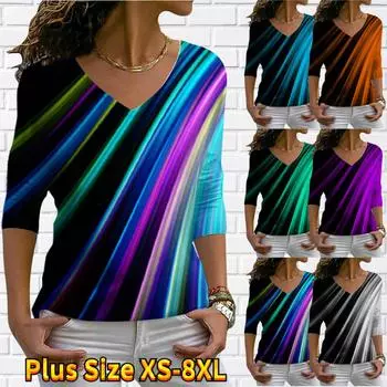 Женские осенние футболки с длинными рукавами с цветочным принтом и постепенным метеорным принтом, свободные футболки с v-образным вырезом размера плюс, топы, удобная блузка XS синий