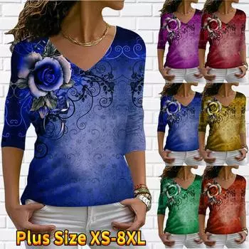 Женские осенние футболки с длинными рукавами с цветочным принтом «Роза на груди», свободные футболки с v-образным вырезом размера плюс, топы, удобная блузка XS фиолетовый