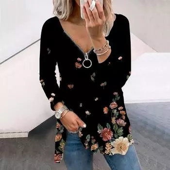 Женские осенние футболки с длинными рукавами с цветочным принтом и белыми цветами, свободные футболки с v-образным вырезом, большие размеры, топы, удобная блузка XS синий