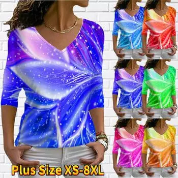 Женские осенние футболки с длинными рукавами с цветочным принтом и белыми развевающимися лепестками, свободные футболки с v-образным вырезом размера плюс, топы, удобная блузка XS синий