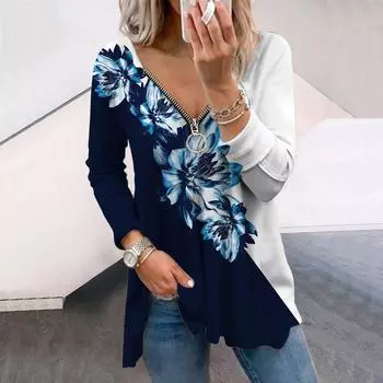 Женские осенние футболки с принтом хризантем с длинным рукавом, свободные футболки с V-образным вырезом больших размеров, удобные блузки XS фиолетовый