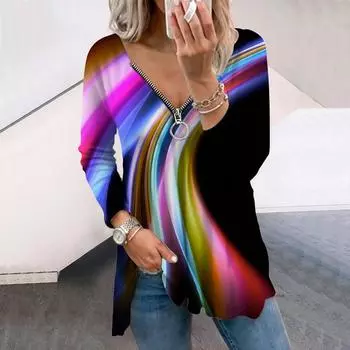 Женские осенние градиентные цветные легкие футболки с длинным рукавом с принтом, свободные футболки с V-образным вырезом больших размеров, удобные блузки XS розовый