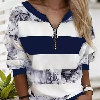 Женские осенние градиентные широкие полосатые футболки с длинным рукавом, свободные футболки с V-образным вырезом больших размеров, удобные блузки 2XL синий