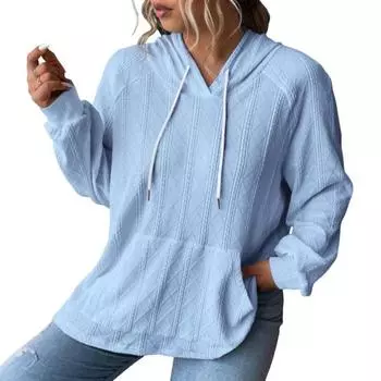 Женские осенние худи с длинным рукавом, оверсайз толстовки, повседневные пуловеры с карманом, вязаные худи-свитера S светло-синий