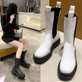 Женские осенние и зимние ботинки челси на толстой подошве. Женские ботинки средней длины в стиле ретро. 35 белый