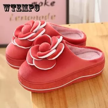 Женские осенние и зимние домашние тапочки, однотонные теплые плюшевые домашние тапочки, нескользящие мягкие тапочки на плоской подошве с цветочным узором