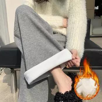 Женские осенние и зимние флисовые широкие брюки, модные однотонные облегающие трикотажные плюшевые теплые брюки с высокой талией, женские простые бархатные брюки больших размеров 25702 S чёрный