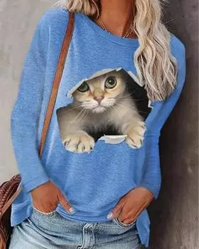 Женские осенние и зимние футболки с длинными рукавами и круглым вырезом, рубашки с рисунком кота, повседневный пуловер, женские топы больших размеров S чёрный