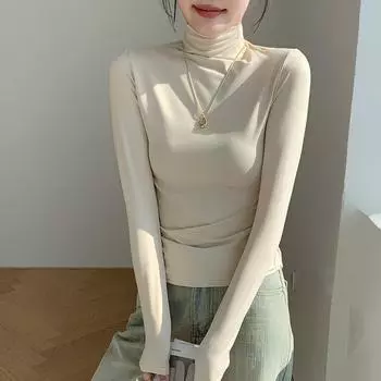 Женские осенние и зимние футболки высшего качества с длинным рукавом и высоким воротом, однотонные модные женские топы M чёрный