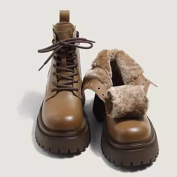Женские осенние и зимние короткие ботинки с толстой подошвой в британском стиле с подкладкой, утолщенные теплые зимние ботинки, нескользящая хлопковая обувь 35 коричневый