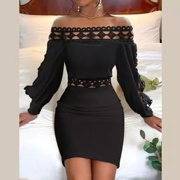 Женские осенние и зимние кружевные платья с v-образным вырезом, длинными рукавами и бедрами S чёрный